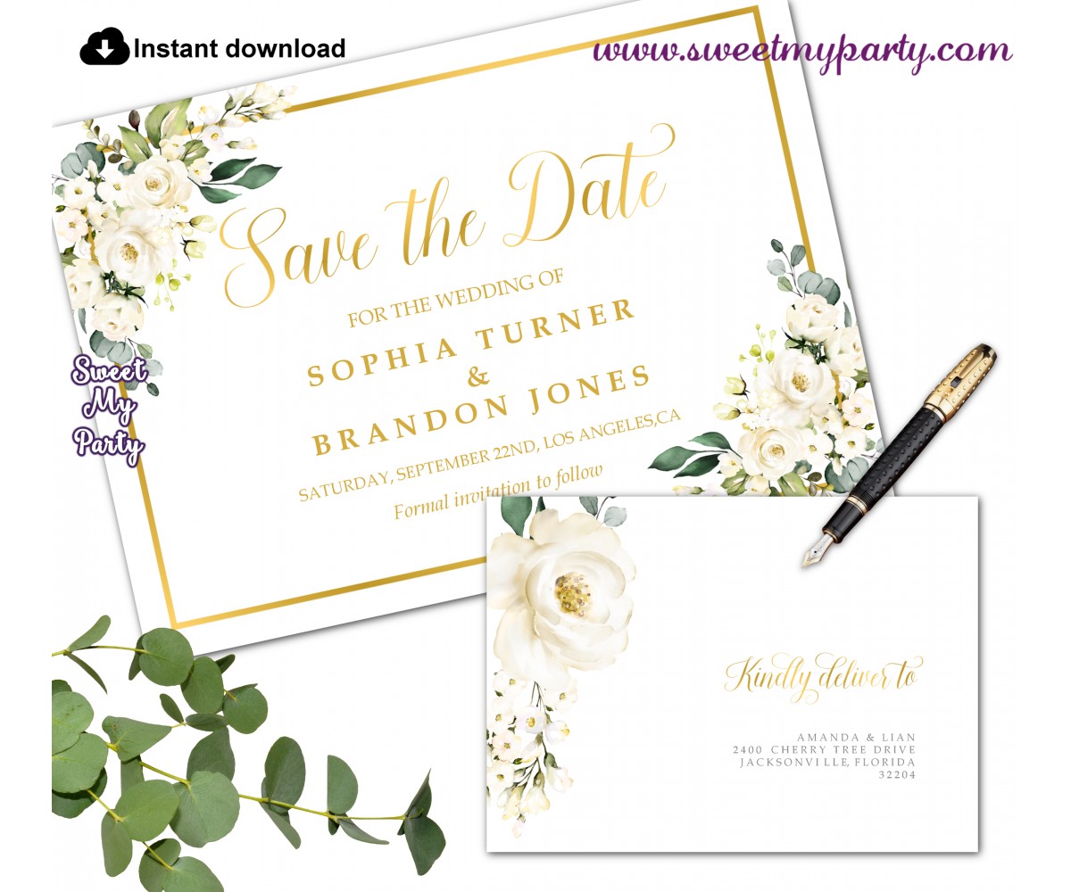 Ivory Roses Save the Date card printable template,Ivory Save the Date,(123)